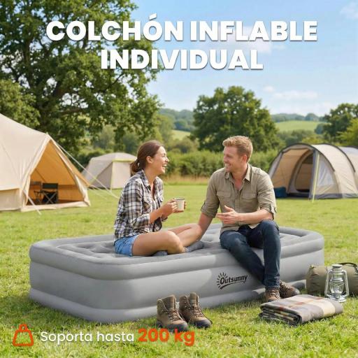 Colchón Hinchable Individual Plegable con Bomba Inflado 3 Min Desinflado 2 Min Bolsa Carga 200 kg 190x97x39 cm Gris [7]