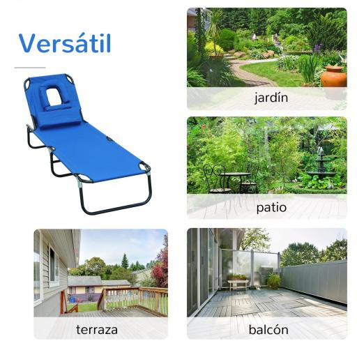 Tumbona Plegable con Respaldo Regulable en 4 Posiciones Tumbona de Jardín con Orificio de Lectura Almohada Marco Metálico y Tela Oxford para Playa Terraza Carga 120 kg 190x56x28 cm Azul [5]