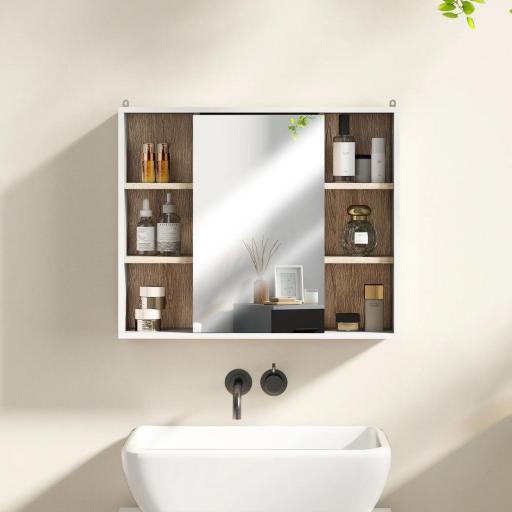 Armario Espejo con Espacio Interno con Estantes Ajustables Armario de Baño Montado en la Pared con Estantes Abiertos 60x14,5x49,4 cm Blanco y Roble [6]