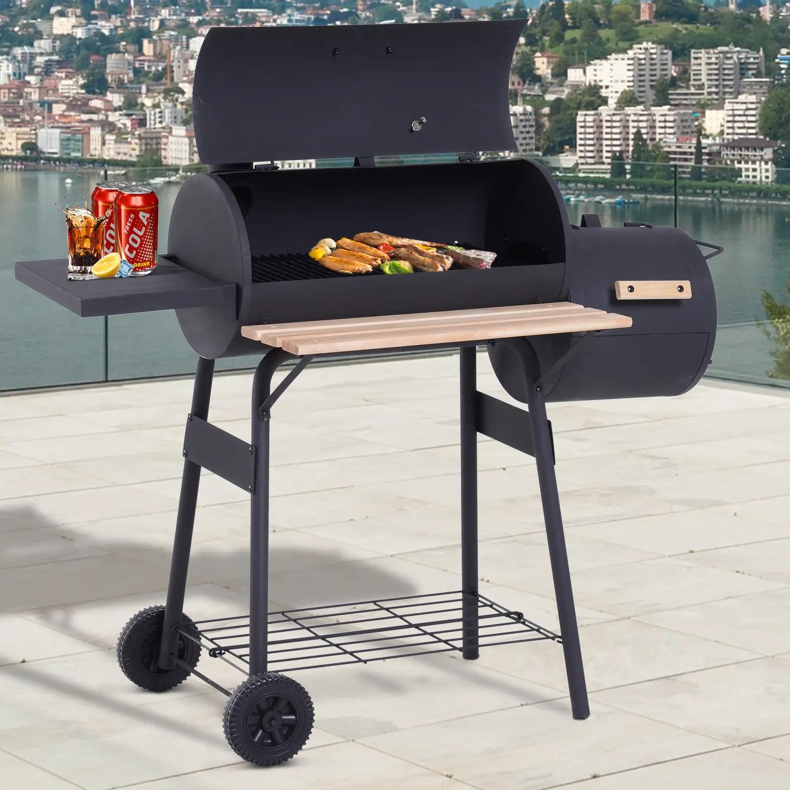 Barbacoa de Carbón 3 en 1 Ahumador Parilla de Carbón Barbacoa de BBQ 124x53x104 cm con Termómetro y Ruedas Estantes