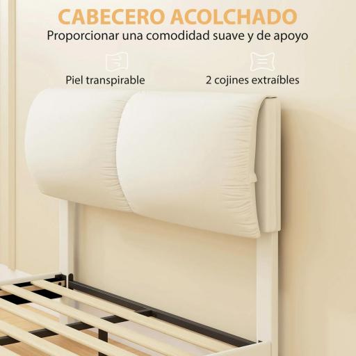 Cama Doble de 135x190 cm Somier con Cabecero Acolchado Efecto Flotante Estructura Metálica Beige [6]