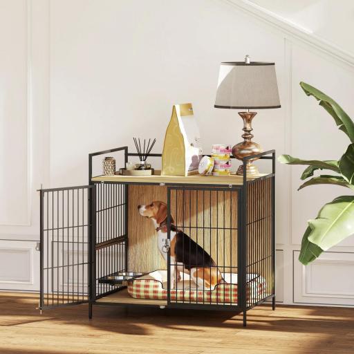 Jaula para Perros Mesa Auxiliar Moderna con Soporte Giratorio con 2 Tazones y 2 Puertas 80x56x76,5 cm Roble [6]