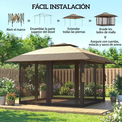Carpa Plegable 4x4 m Pop-up con Doble Techo 4 Laterales de Malla Altura Ajustable Bolsa Transporte UPF30+ Caqui [1]