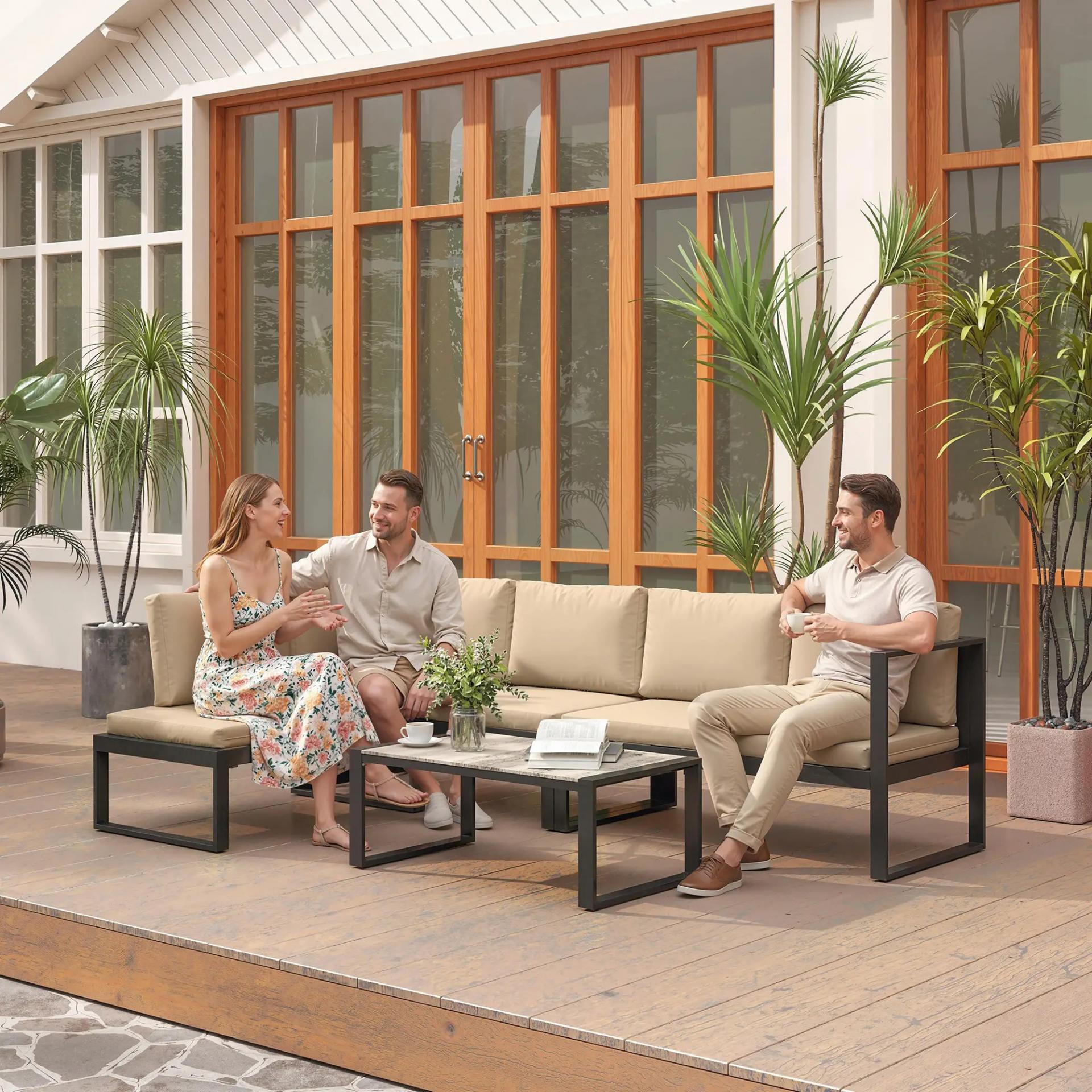 Conjunto de Jardín Exterior de 4 Piezas con 2 Sofás de 2 Plazas 1 Sillón sin Brazos y Mesa de Centro con Cojines Caqui