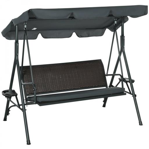 Columpio de Jardín de 3 Plazas con Toldo Ajustable Portavasos y Bandejas Carga 320 kg 204x112x150 cm Gris [8]