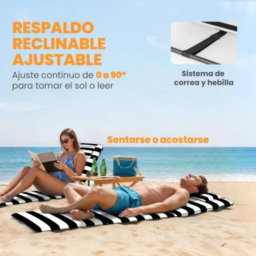 Conjunto de 2 Esterillas de Playa Plegable con Respaldo Ajustable Reposacabezas Acolchado 150x50x2 cm Gris y Blanco [3]