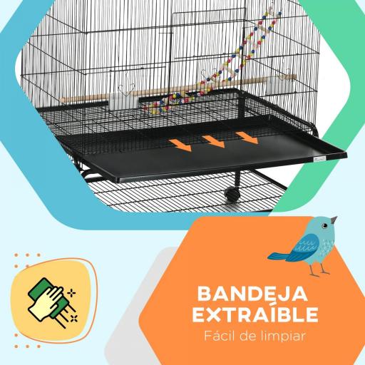 Jaula para Pájaros con Ruedas Comederos Perchas Bandeja Extraíble y Estante Inferior 97x58x160 cm Negro [4]