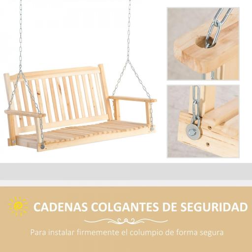 Banco Columpio de Madera de 2 Plazas Ajustable con Respaldo y Apoyabrazos para Exterior Jardín 117x69x60 cm Natural [5]