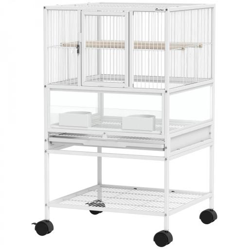 Jaula para Pájaros con Paneles Acrílicos Comederos Soporte Ruedas y Estante Inferior 48x46x83 cm Blanco [9]