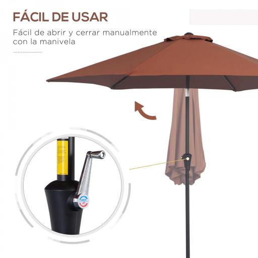 Sombrilla para Jardín Ø260x235 cm Parasol de Aluminio Reclinable con Manivela y 6 Varillas de Metal Café [2]