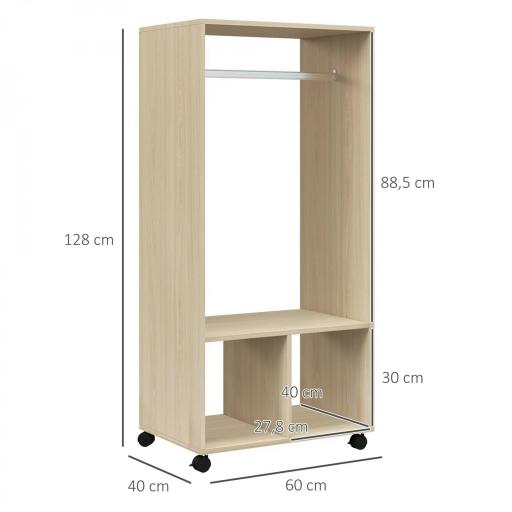 Armario Ropero con Ruedas Barra y Estantes para tener Ropa Colgada y Doblada 60x40x128 cm Natural [1]