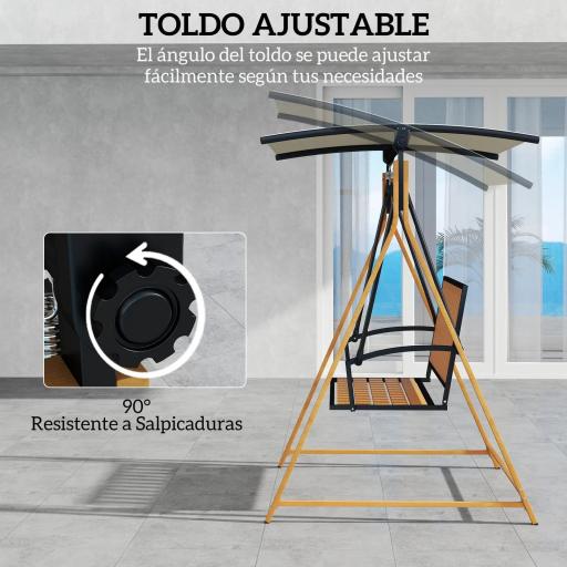 Balancín de Jardín Exterior de 2 Plazas con Toldo Ajustable y Estructura de Metal 142x112x162 cm Madera Natural y Beige [6]