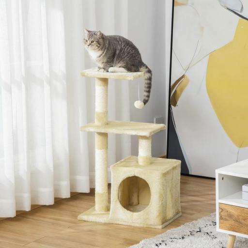 Árbol Rascador para Gatos 81,5 cm Torre para Gatos con Postes de Sisal 2 Plataformas Cueva y Bola Colgante Estilo Elegante 50x30x81,5 cm Beige