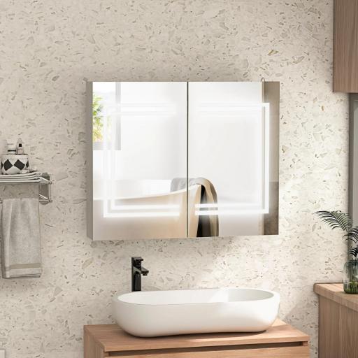 Mueble de Baño con Espejo Estantes Ajustables Interruptor Táctil y Color de Luz Ajustable 80x15x65 cm Blanco Brillante