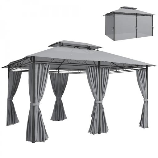 Cenador para Jardín 3x4 m Pabellón de Jardín Gazebo con Doble Techo 6 Paredes Laterales Estructura Metálica Gris Oscuro [7]