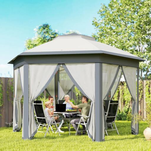 Carpa Plegable 4x3,4 m con Doble Techo 6 Mosquiteras Extraíbles y Bolsa de Transporte Anti-UV Gris