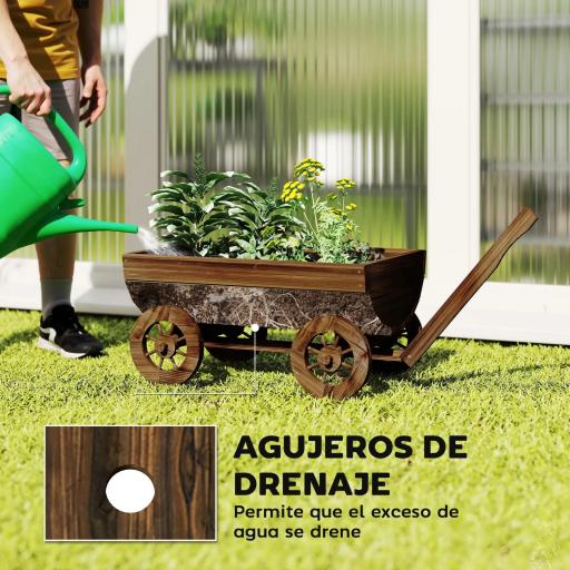 Carrito de Madera con 4 Ruedas y Mango Jardinera Exterior con Orificio de Drenaje 115x40x54,5 cm Carbonizado [6]