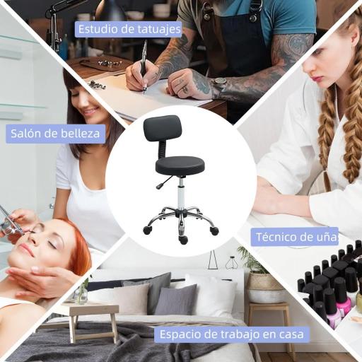 Taburete Giratorio con Respaldo y Ruedas Silla Ajustable para Salones de Belleza Estudio de Tatuajes 46x51x78-93 cm [7]