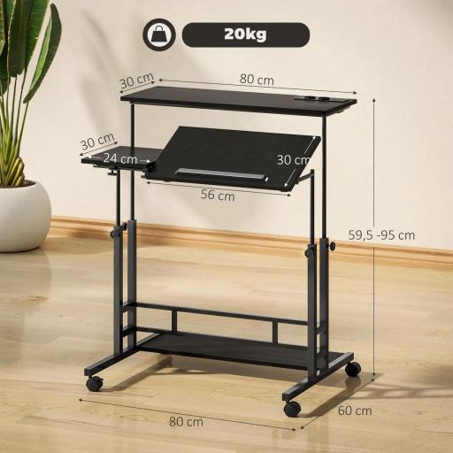 Escritorio Elevable con Ruedas Enchufes Puertos USB Altura Ajustable Panel Central Inclinado y Estante 80x60 cm Negro [1]