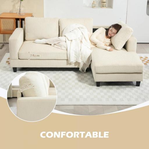 Sofá Chaise Longue de 3 Plazas en Forma de L Tapizado en Pana Asiento y Respaldo Acolchados 214x134x87 cm Beige [6]