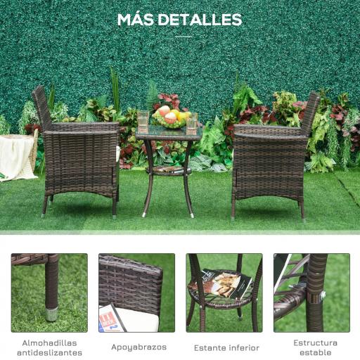 Conjunto de Muebles para Jardín Juegos de Muebles de Ratán Incluye 1 Mesa y 2 Sillones con Cojines Estructura de Metal para Terraza Patio Marrón [6]