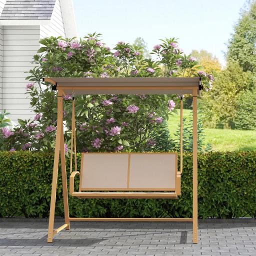 Columpio de Jardín de 2 Plazas con Toldo Ajustable y Estructura Triangular de Metal Carga 220 kg 160x112x162 cm Caqui [3]
