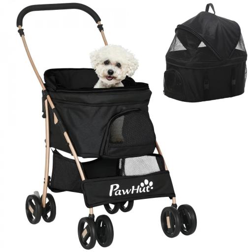 Carrito para Perros Pequeños 3 en 1 con Vagón Desmontable Cesta de Almacenaje Correas de Seguridad y Cojín Negro [9]