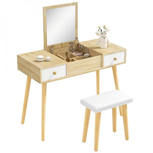 Tocador de Maquillaje con Espejo Abatible 100 cm Mesa de Maquillaje con Taburete Acolchado Cojín Suave Compartimentos y Cajones Patas de Madera Maciza Color Natural [7]