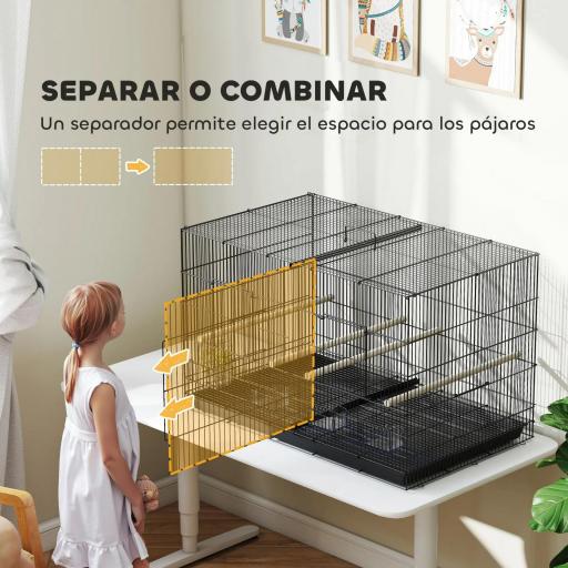 Jaula para Pájaros con Divisor 4 Comederos 4 Perchas Bandeja Extraíble para Loros Canarios Periquitos 94x57x57 cm Negro [2]