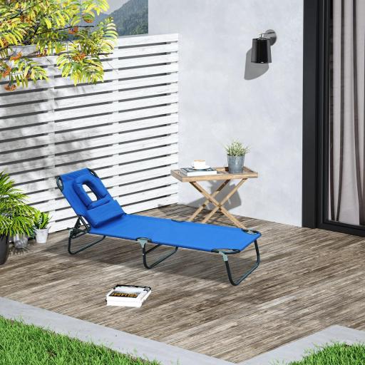 Tumbona Plegable con Respaldo Regulable en 4 Posiciones Tumbona de Jardín con Orificio de Lectura Almohada Marco Metálico y Tela Oxford para Playa Terraza Carga 120 kg 190x56x28 cm Azul