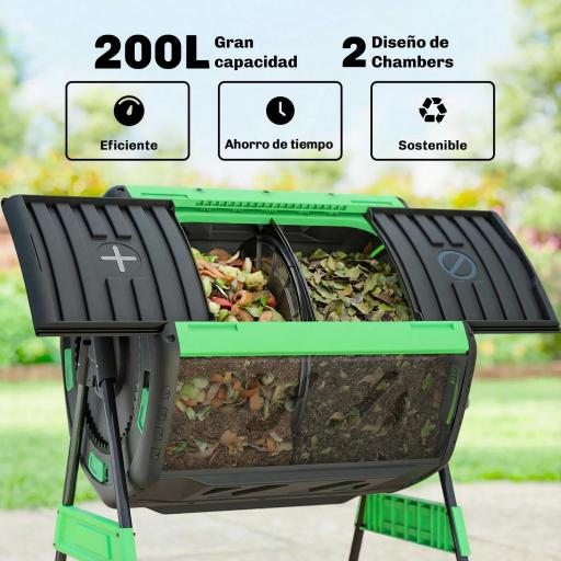 Compostador Giratorio 200L con Sistema de Ventilación y Base de Metal para Compostaje de Residuos Orgánicos Verde [5]