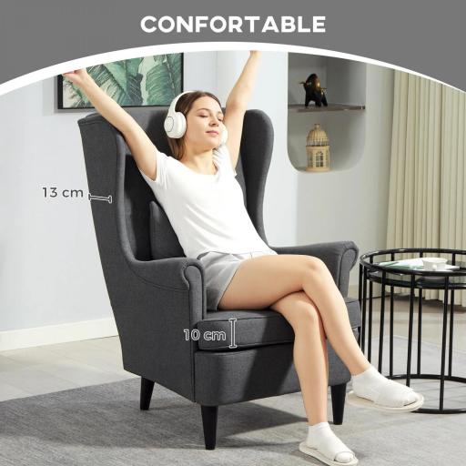 Sillón con Reposapiés Respaldo Alto Capitoné Patas de Madera Almohada Acolchada y Tapizado en Lino Gris [5]