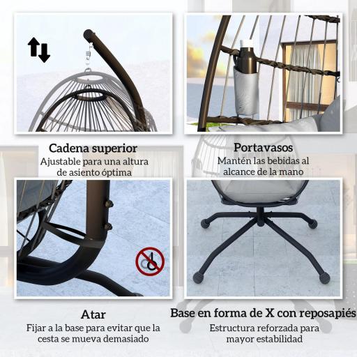 Silla Colgante con Soporte Cesta Plegable Cojín y Reposacabezas para Interior y Exterior Carga 120 kg Gris [1]