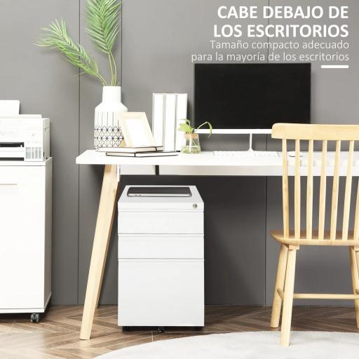 Cajonera de Oficina con Ruedas Mueble con Cerradura 2 Cajones y 1 Archivador para Tamaño A4 Carta 39x48x60 cm Blanco [4]