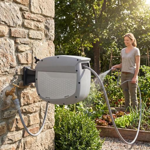 Carrete de Manguera Retráctil 10+1 m con Boquilla de 2 Modos Bloqueo Automático y Retracción Controlada Soporte Gris [7]