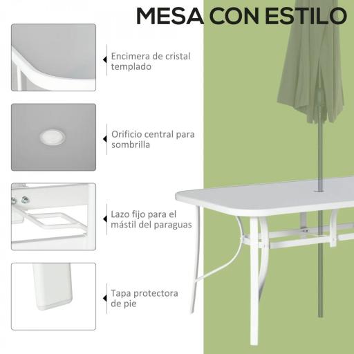 Juego de Mesa y 6 Sillas para Terraza con Orificio para Sombrilla y Encimera de Cristal para Terraza Patio Gris [3]