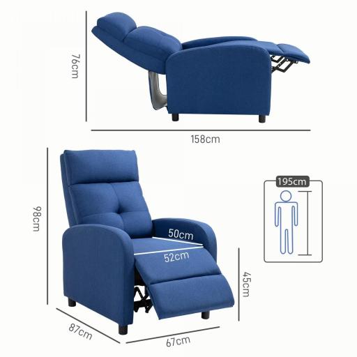 Sillón Reclinable Manual Sofá Individual con Reclinación hasta 155º Carga 150 kg Azul [1]