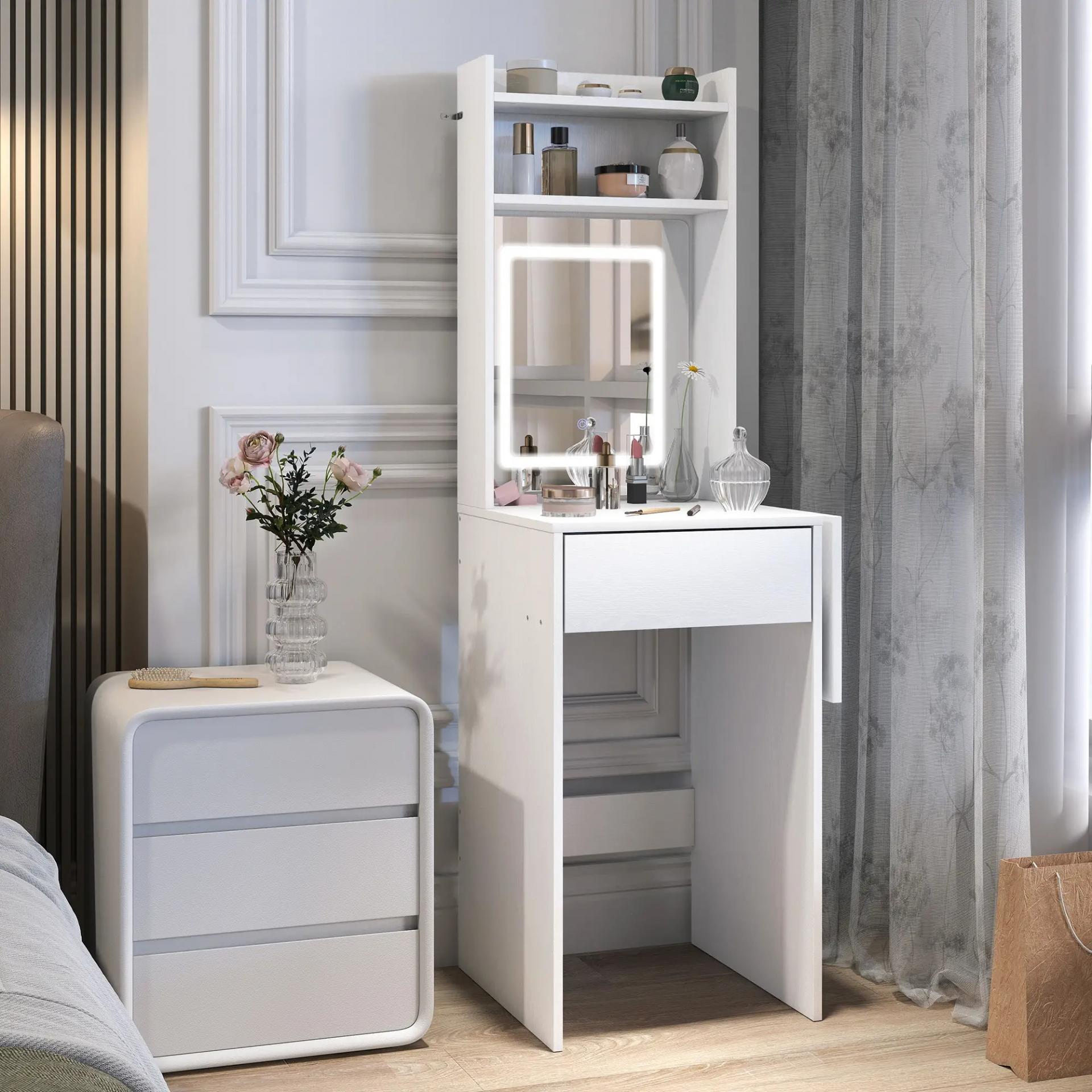 Tocador de Maquillaje con Luces LED de Color Ajustable y Espejo Lateral Abatible Cajón Compartimentos Abiertos Blanco