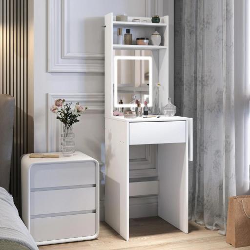 Tocador de Maquillaje con Luces LED de Color Ajustable y Espejo Lateral Abatible Cajón Compartimentos Abiertos Blanco