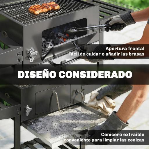 Barbacoa de Carbón con Bandeja Ajustable Estantes Plegables Ruedas Termómetro Tapa Chimenea Ventilaciones y Cesta [7]