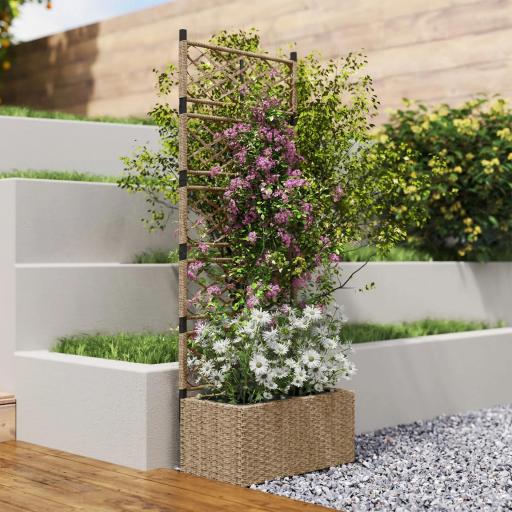 Jardinera Exterior Grande de Ratán con Enrejado y 2 Macetas Extraíbles para Plantas Trepadoras 57x30x150 cm Natural [3]