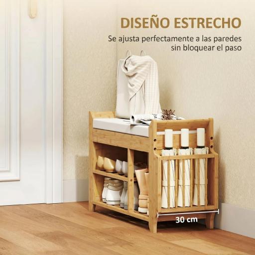 Banco Zapatero con Asiento Acolchado Almacenamiento Lateral Estante para Botas Marco de Bambú 80x30x50 cm Natural [5]