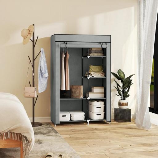 Armario de Tela Plegable Ropero Portátil con 6 Estantes y 1 Barra de Colgar para Dormitorio 103x43x162,5cm Gris [2]