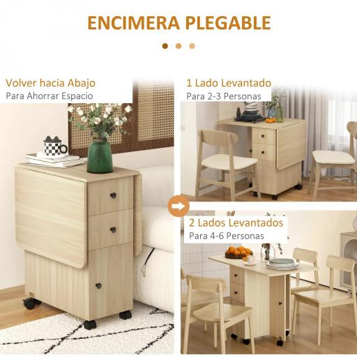 Mesa Plegable con Ruedas y Alas Abatibles Mesa Auxiliar Multifuncional con Almacenaje 120x60x76,5 cm Natural [1]