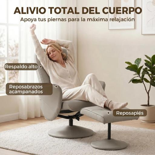 Sillón Relax Reclinable con Reposapiés Respaldo Alto Giratorio 360° Reposabrazos Beige Gris [6]