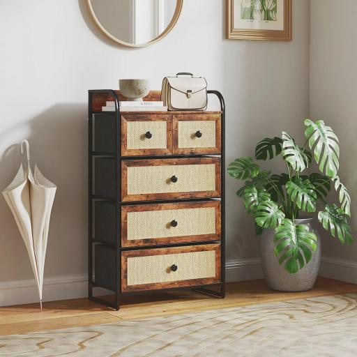 Cómoda para Dormitorio con 5 Cajones con Frentes de Ratán y Marco de Acero 58x29x99 cm Marrón Rústico