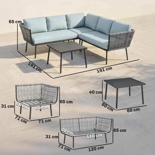 Conjunto de Muebles de Ratán de Exterior Sofá de Esquina con Cojines y Mesa de Centro para Terraza Patio Azul Claro [1]