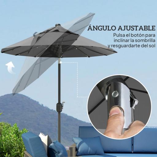 Sombrilla de Jardín Doble 295x150x219 cm con Luces LED Solares Toldo con Inclinación Ajustable y Manivela Manual Gris [4]