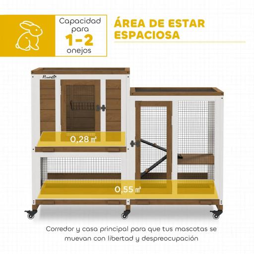 Conejera de Madera de 2 Niveles Jaula para Conejos con Ruedas Escaleras y Bandejas Extraíbles 110x50x86 cm Marrón [4]