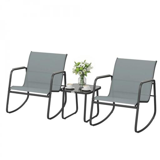 Conjunto de Jardín de 3 Piezas con 2 Sillas Mecedoras Mesa con Encimera de Vidrio y Estructura de Acero para Patio Gris [8]